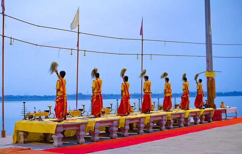 Morning aarti at a ghat in Varanasi