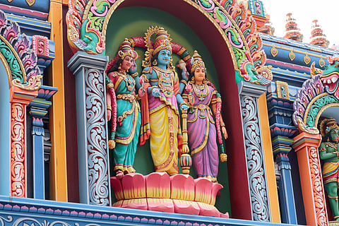 God Vishnu or Janardana Swami with his consorts Sri Devi and Bhu Devi at the temple