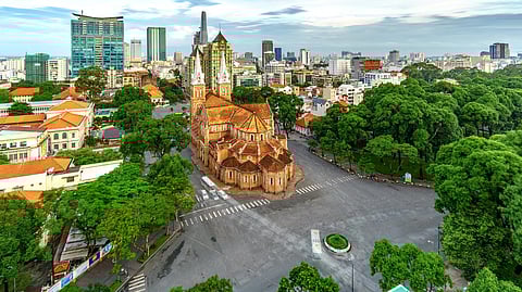 Aerial view of the cathedral and Ho Chi Minh City