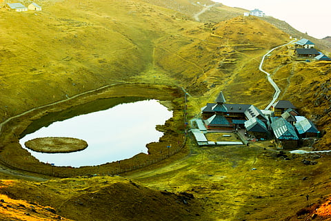 AN aerial view of Prashar Lake