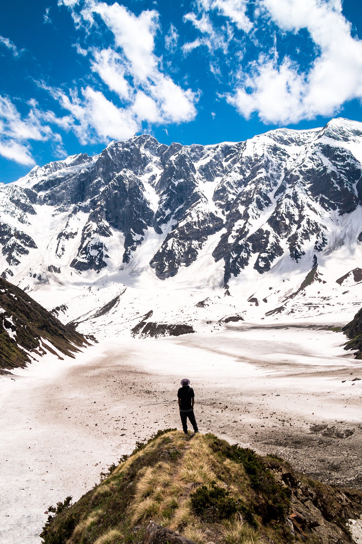 Shutterstock : A lone hiker looks at the view of the Himalayas on the Beas Kund trek in northern India