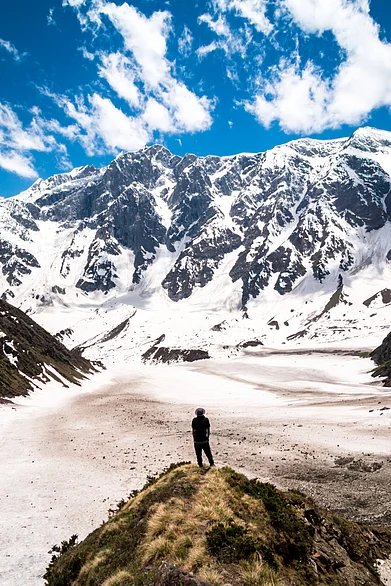 Shutterstock : A lone hiker looks at the view of the Himalayas on the Beas Kund trek in northern India