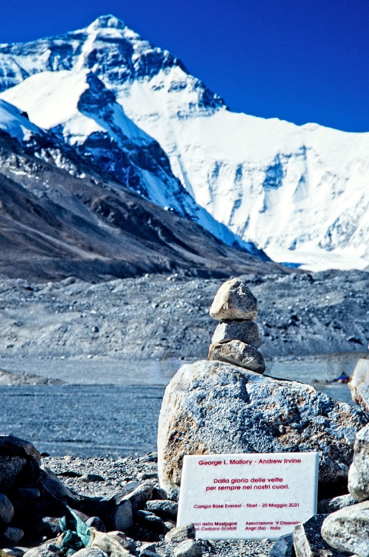 Commemorative plaque honoring George Mallory and Andrew Irvine, situated at the first base camp of Mount Everests North Face in Tibet