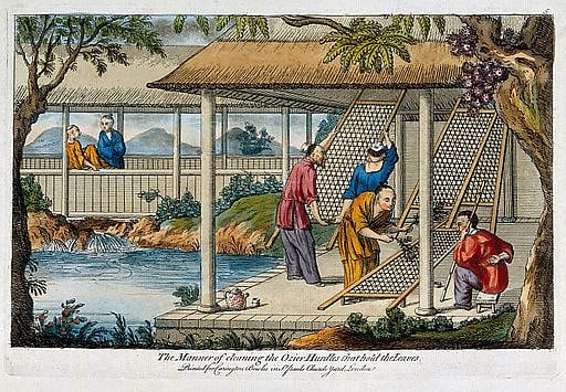 A Chinese tea plantation with workers cleaning the racks on which the leaves are laid. Coloured etching, early 19th century. 