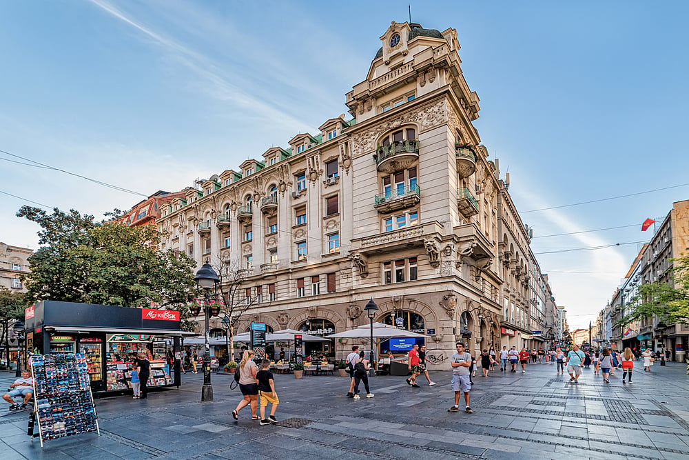  Knez Mihailova Street in downtown Belgrade with Ruski Car cafe in front. The most famous promenade in the center of Belgrade.