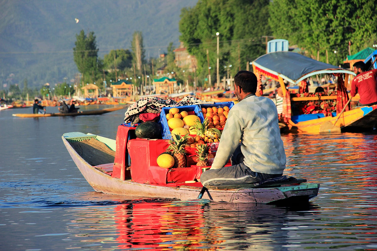 A man on his way to the floating market of Dal Lake