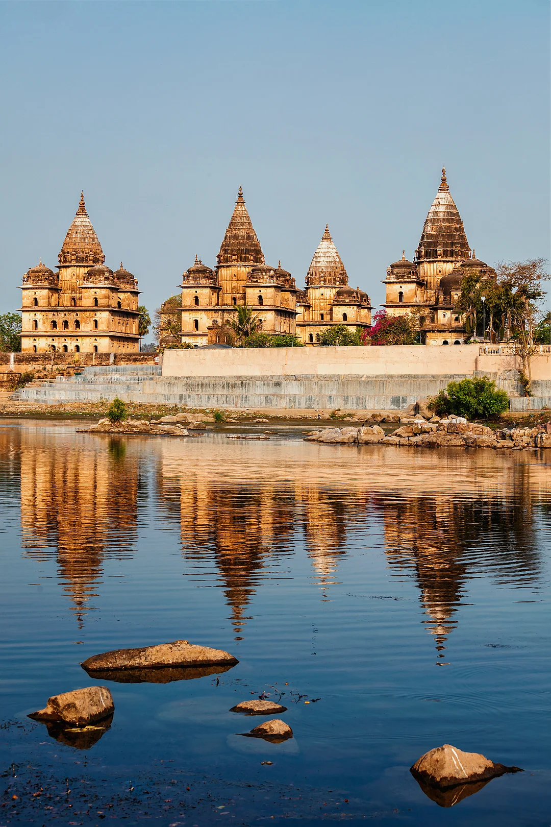 A viiew of Royal cenotaphs of Orchha over Betwa river