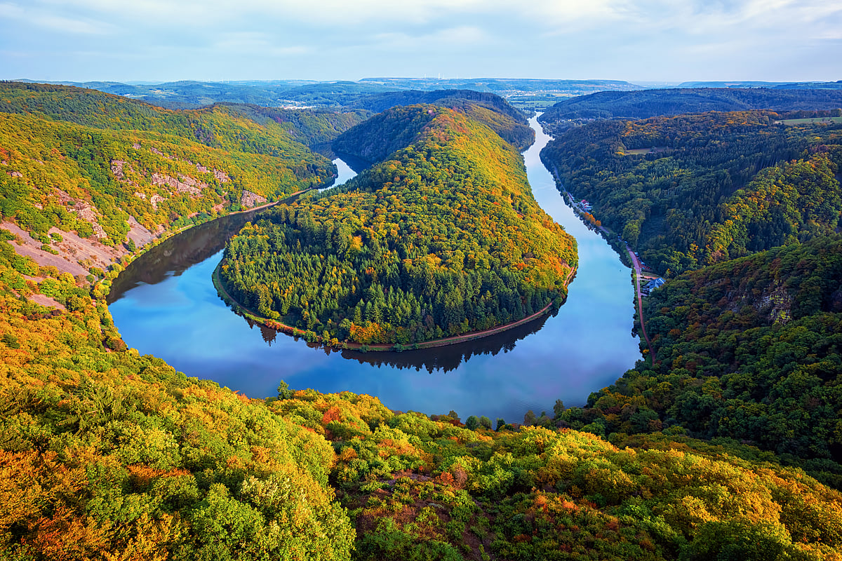 The Saarschleife is a water gap carved by the Saar River in Saarland, Germany