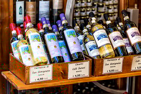 Chianti and Vernaccia di San Gimignano wines on sale in San Gimignano
