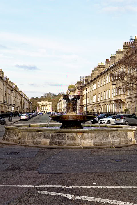 Fountain at Laura Place and Great Pulteney Street in Bath, Somerset