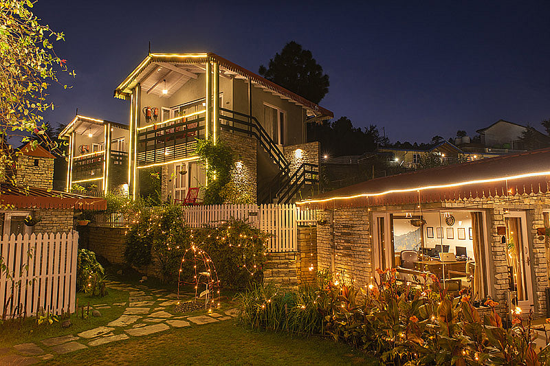 The Birdcage lit up at night