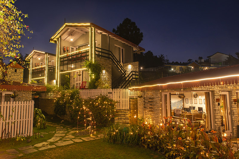 The Birdcage lit up at night