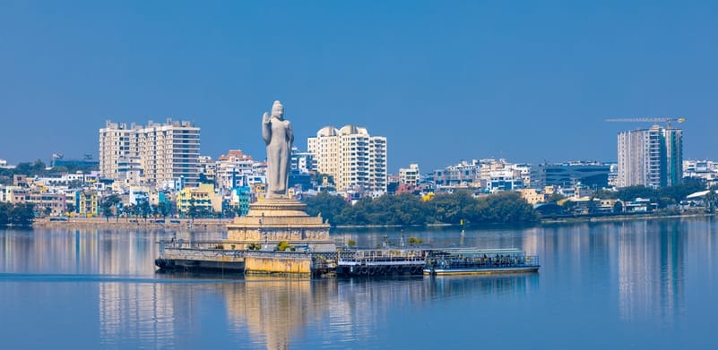 The Buddha statue in the middle of Hussain Sagar Lake in Hyderabad