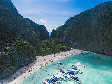 An aerial view of Maya Bay