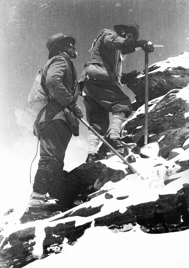 George Mallory and Edward Norton near their record-setting high point of 26,985 feet on the north-east ridge of Mount Everest, Tibet, March 20, 1922