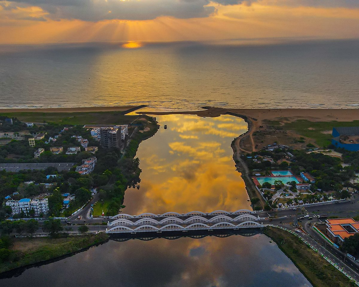 An aerial view of the bridge at sunset