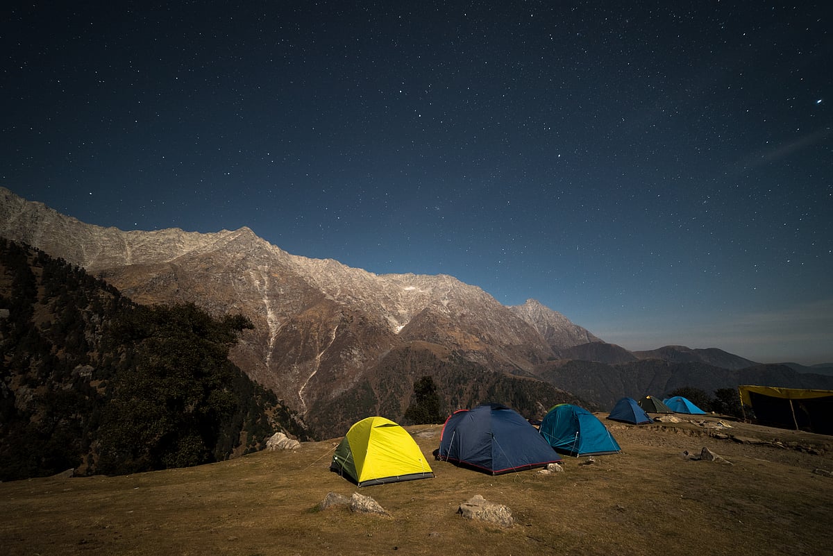Camping with starry sky at the Triund Hill at the foothills of the Himalayas