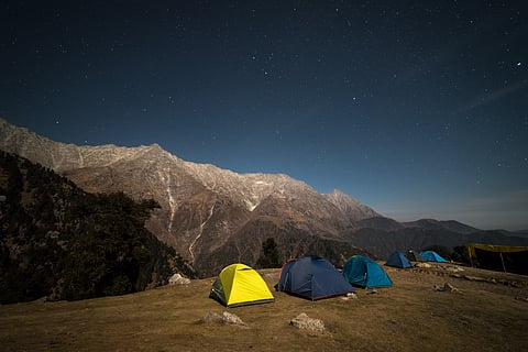 Camping with starry sky at the Triund Hill at the foothills of the Himalayas