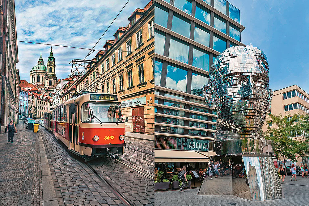 (Left-Right) The Prague tramway network is the Czech Republics largest tram network; The Head of Franz Kafka is an outdoor kinetic structure