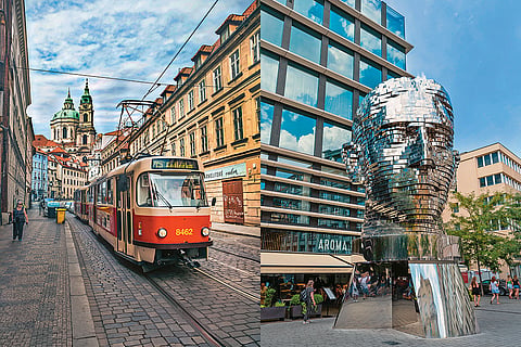 (Left-Right) The Prague tramway network is the Czech Republic's largest tram network; The Head of Franz Kafka is an outdoor kinetic structure