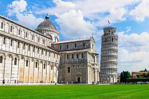 The Pisa Cathedral on the left and the Leaning Tower of Pisa on the right