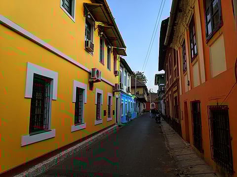 A view of scenic Portuguese architecture, narrow lanes filled with different hues