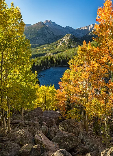 Shutterstock : Early Autumn color above Bear Lake with Longs Peak in the background in in Rocky Mountain National Park