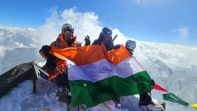 Copyright: Satyarup Siddhanta : Satyarup Siddhanta (left) and members of his team when they reached Gupt Parvat on June 25, 2024