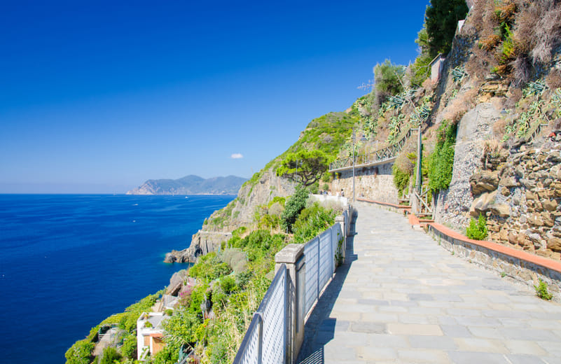 The Via dell’Amore is a well-known tourist destination in Cinque Terre that spans a paved, flat walking path