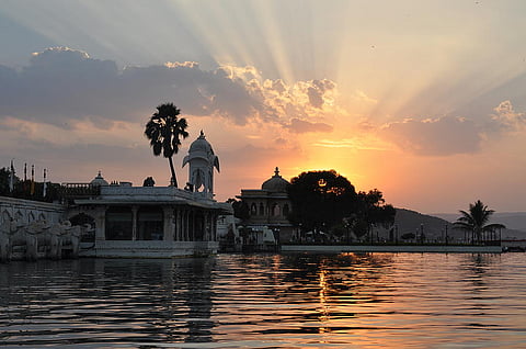 A sunset view from an evening boat ride in Lake Pichola