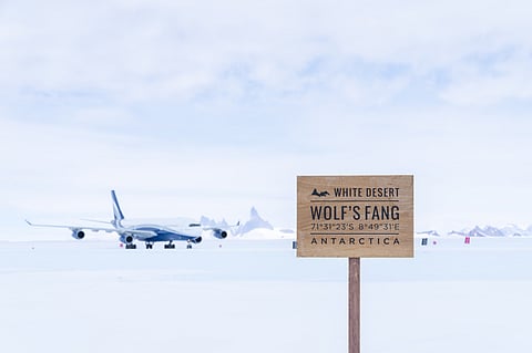 Guests travelling to Antarctica land at White Desert’s privately operated runway at Wolf’s Fang