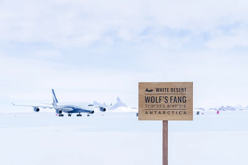 Guests travelling to Antarctica land at White Desert’s privately operated runway at Wolf’s Fang