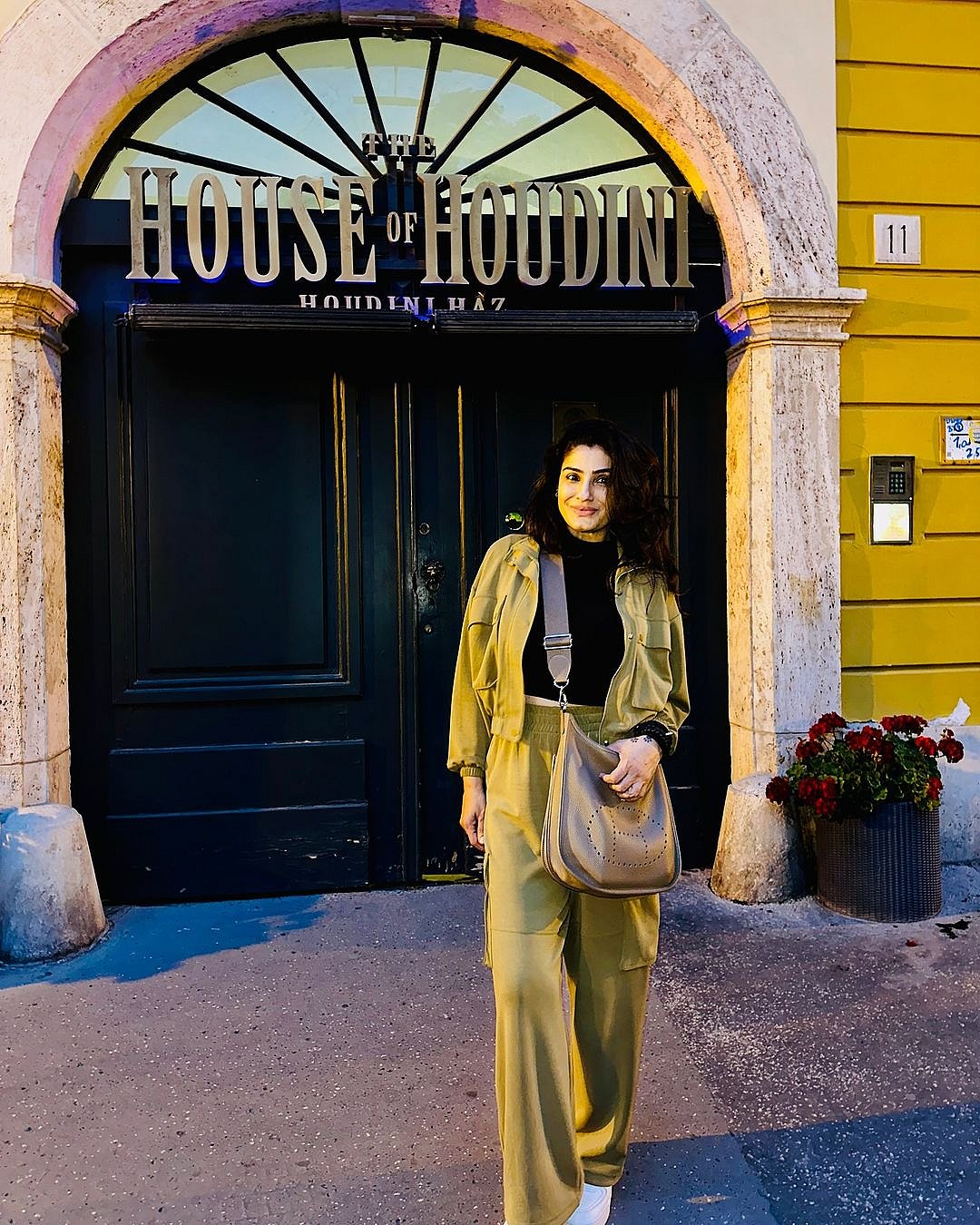 Raveena Tandon in front of The House of Houdini in Budapest