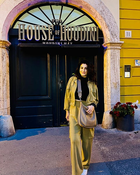 Raveena Tandon in front of The House of Houdini in Budapest