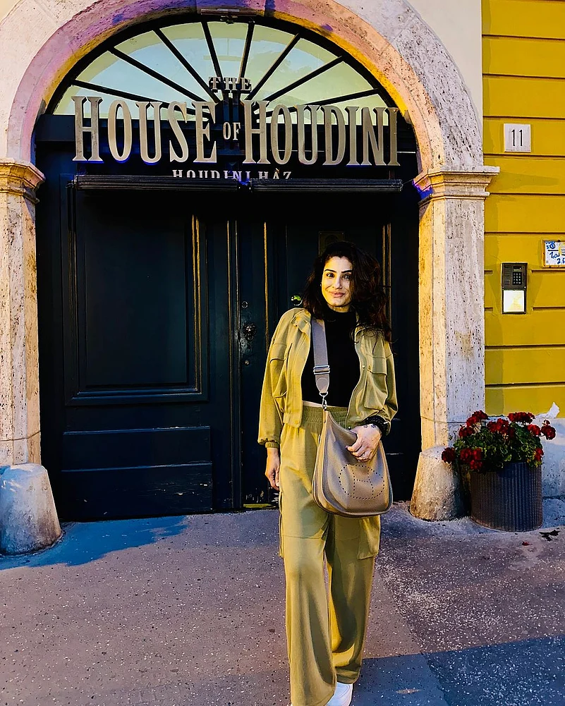 Raveena Tandon in front of The House of Houdini in Budapest