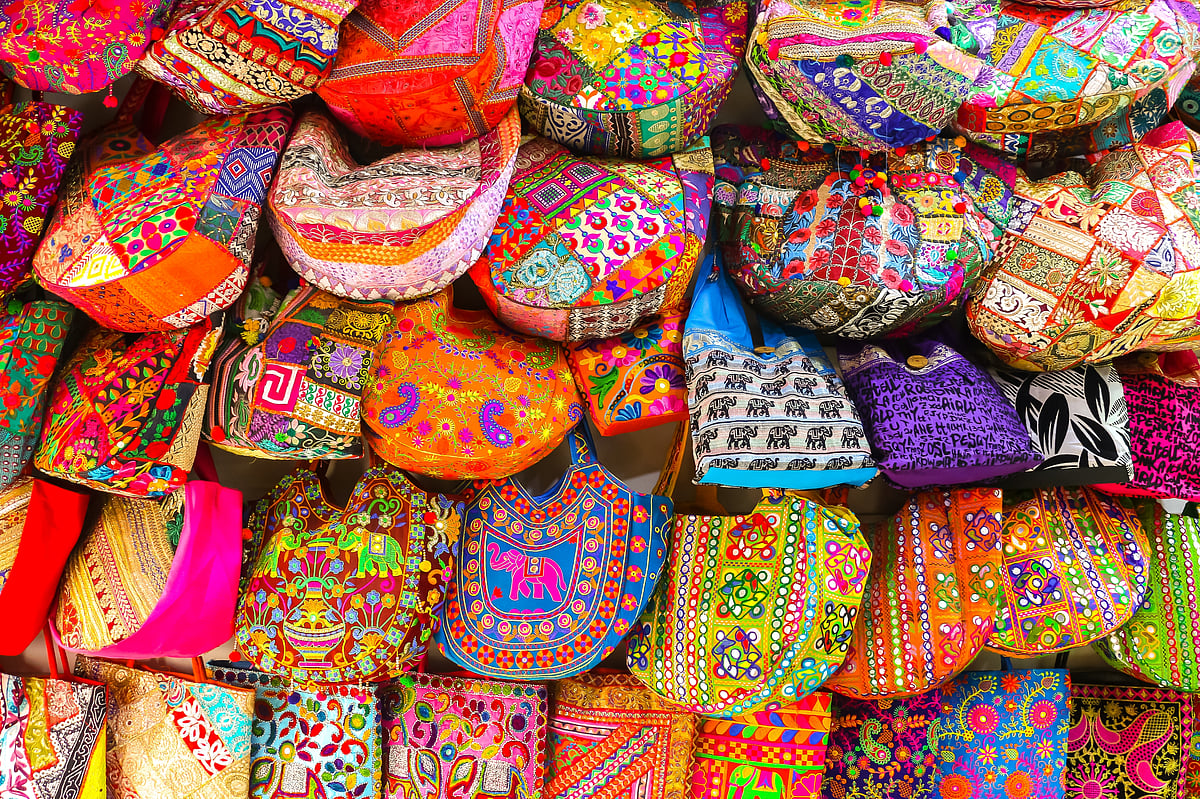 Colourful bags on display at the Paharganj Main Bazaar