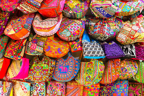 Colourful bags on display at the Paharganj Main Bazaar