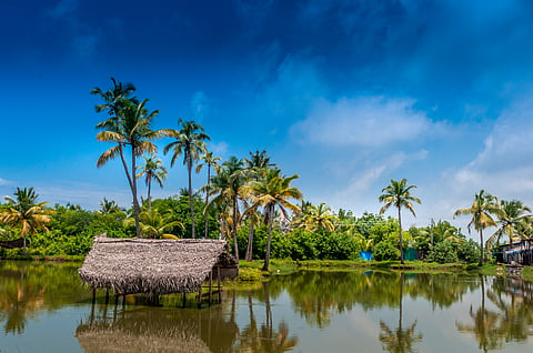 The flooded backwaters of Vypin Island in Kochi, Kerala