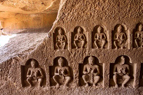 Buddha sculptures in cave 2 of the Kanheri Caves