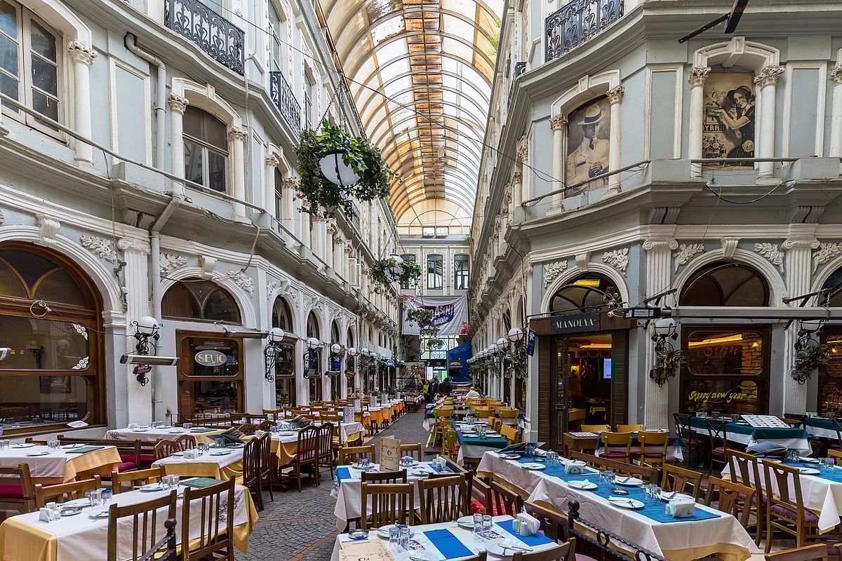 The Çiçek Pasajı (Flower Passage) is a historical arcade with rows of historic cafés, wine houses and restaurants