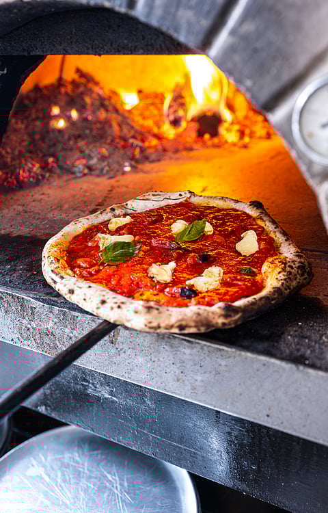 A view of delicious wood-fired pizza