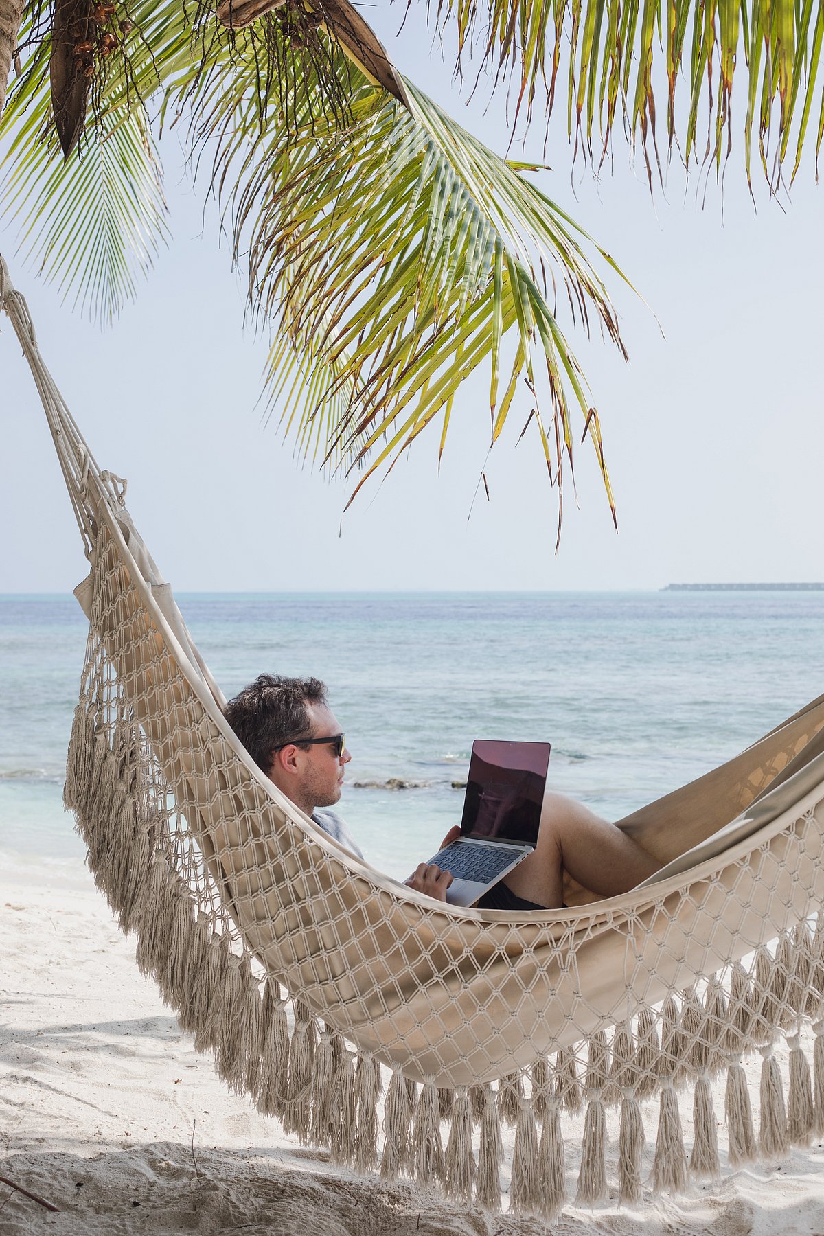 Shutterstock : Freelancer works in a hammock by a beach