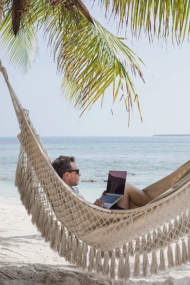 Shutterstock : Freelancer works in a hammock by a beach