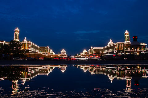 Reflection of Indian President's Estate, Rashtrapati Bhawan in Lutyen's Delhi, New Delhi, India during monsoon