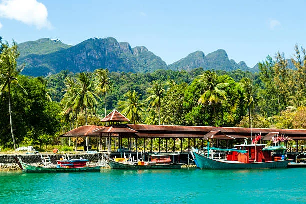 The island of Langkawi framed by mountains