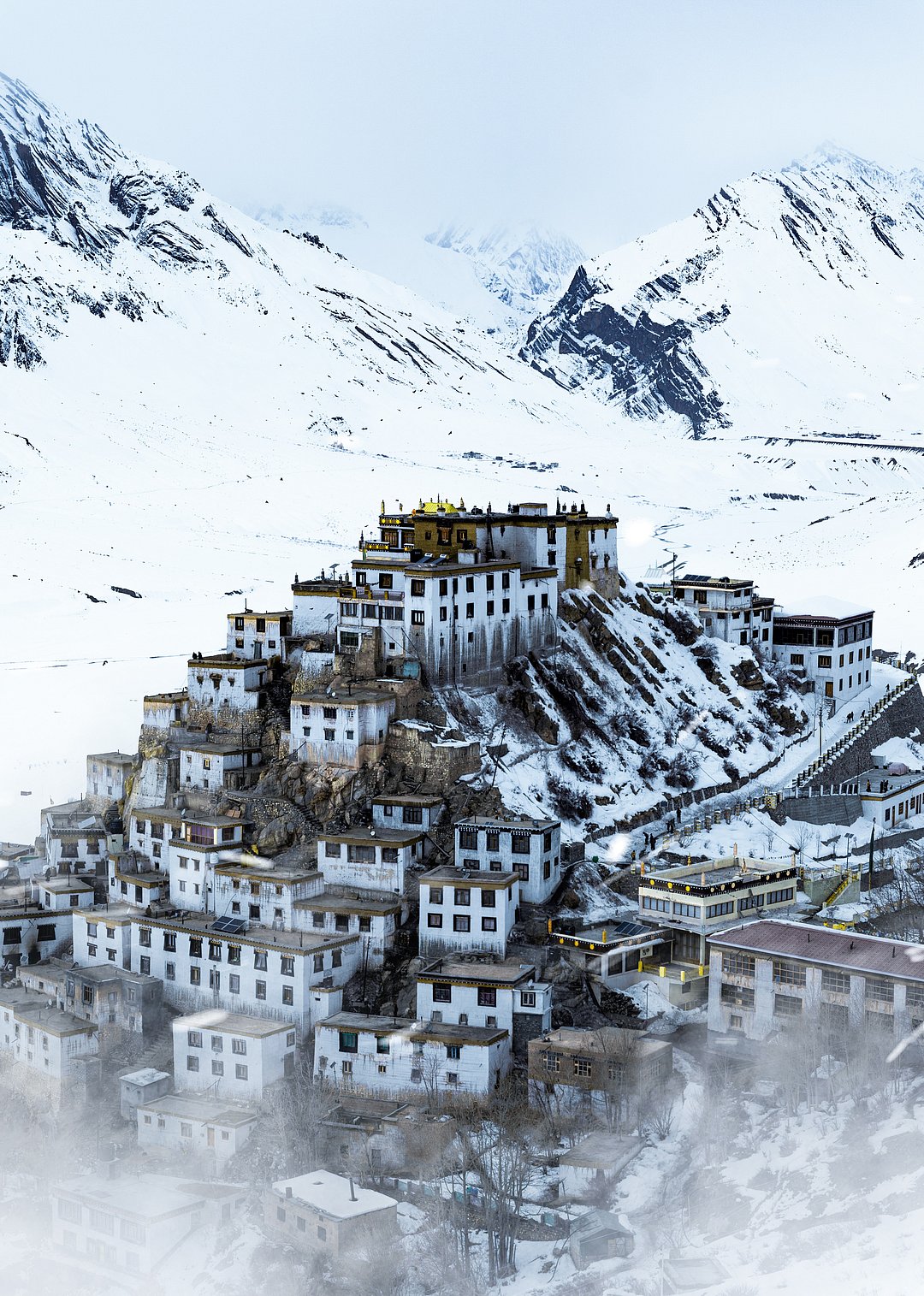 A view of the snow-draped Key Monastery