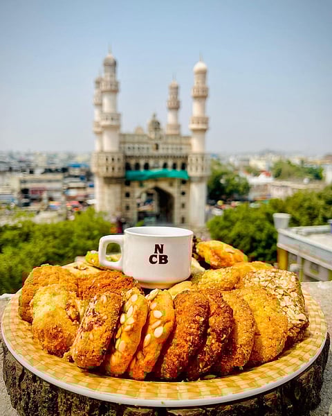 Irani chai and plate of Osmania biscuits at Nimrah Cafe