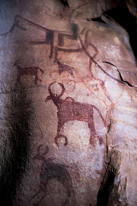 The Bhimbetka rock shelters it exhibits the earliest traces of human life on the Indian subcontinent and evidence of Stone Age