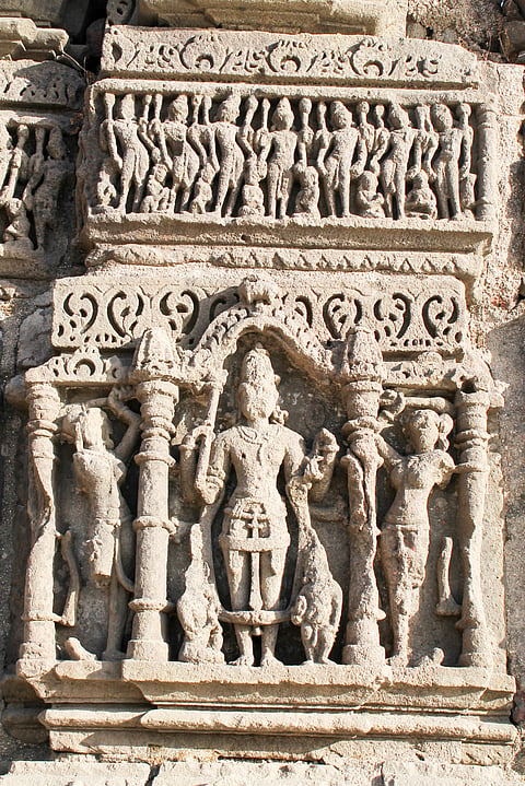 Intricate stone carving at Lakulisa Temple at Champaner-Pavagadh Archaeological Park