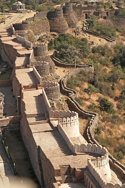 Massive ramparts of Kumbhalgarh Fort in Rajasthan